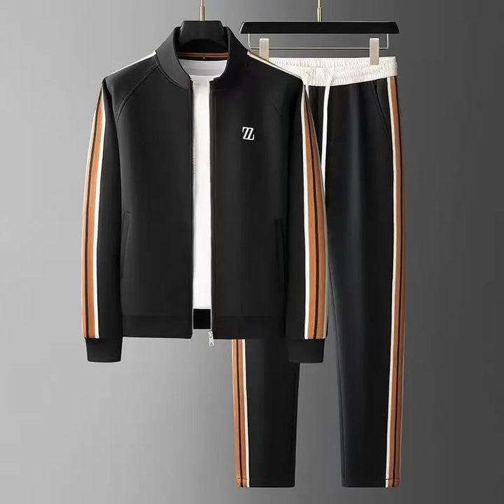 Tuta sportiva uomo per fitness e jogging, completo con giacca zip, stile athleisure.