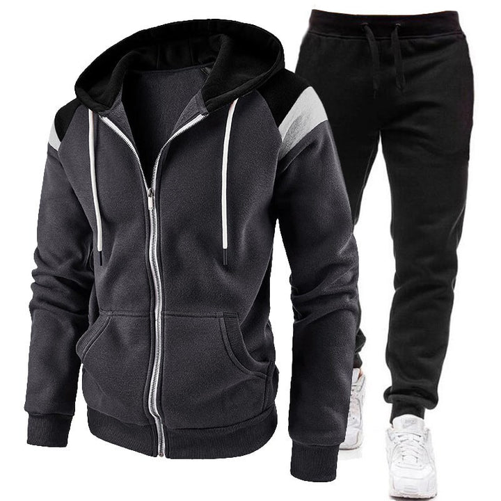 Set tuta sportiva uomo casual grigia con felpa zip e jogger per il tempo libero e abbigliamento athleisure.