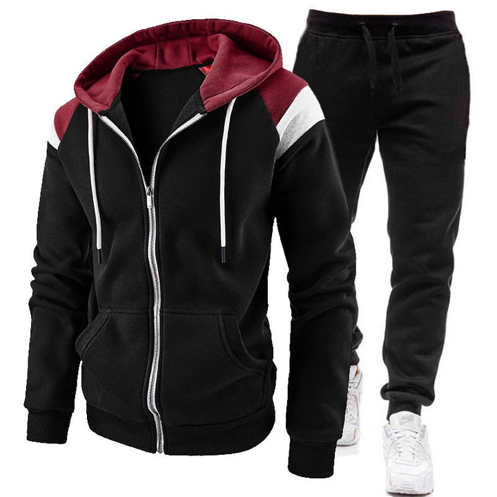 Felpa con zip da uomo nera e pantaloni jogger, set tuta sportiva comoda per ginnastica e relax.