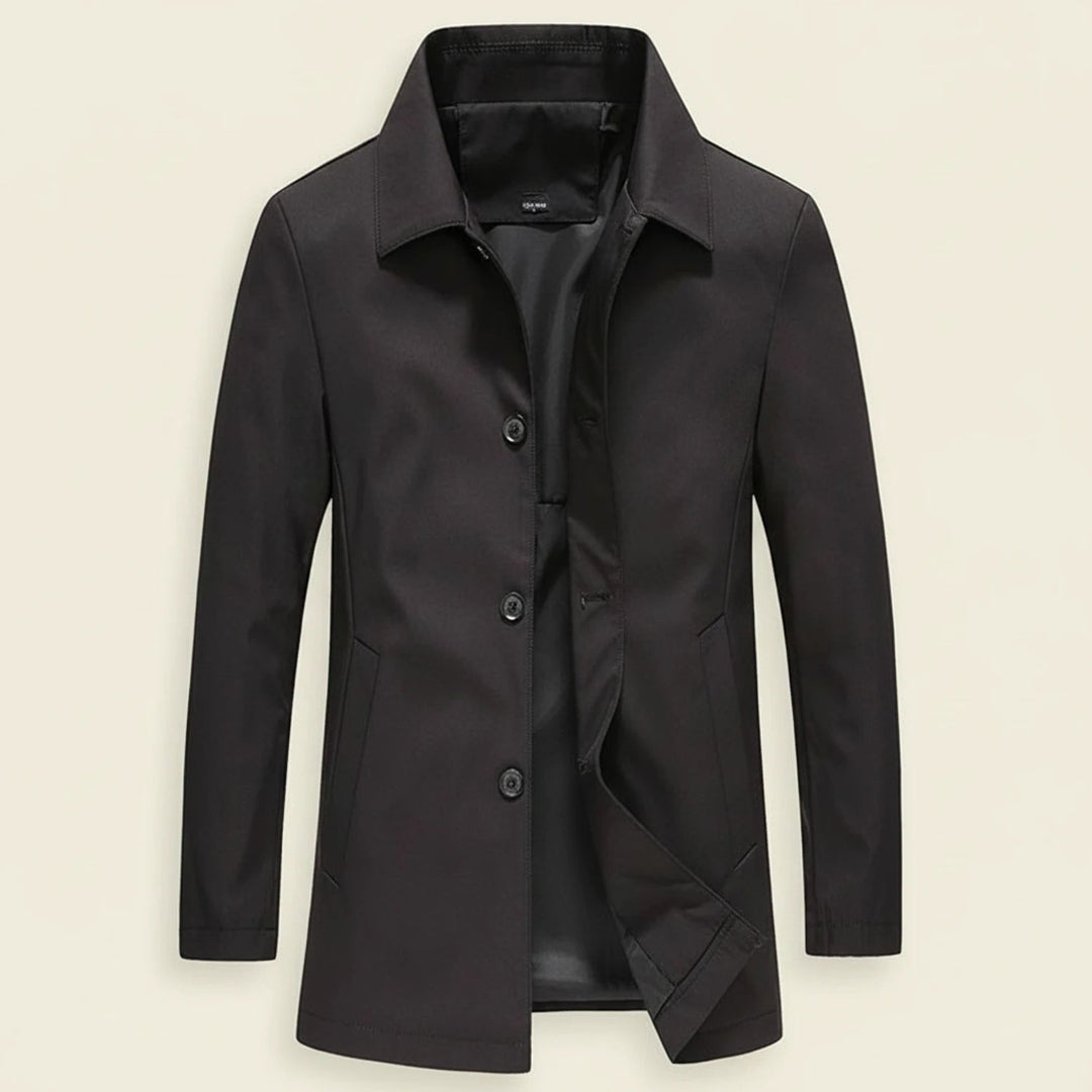 Trench cappotto uomo classico per autunno/primavera. Design con collo a punta e tasche, ideale per un look business.