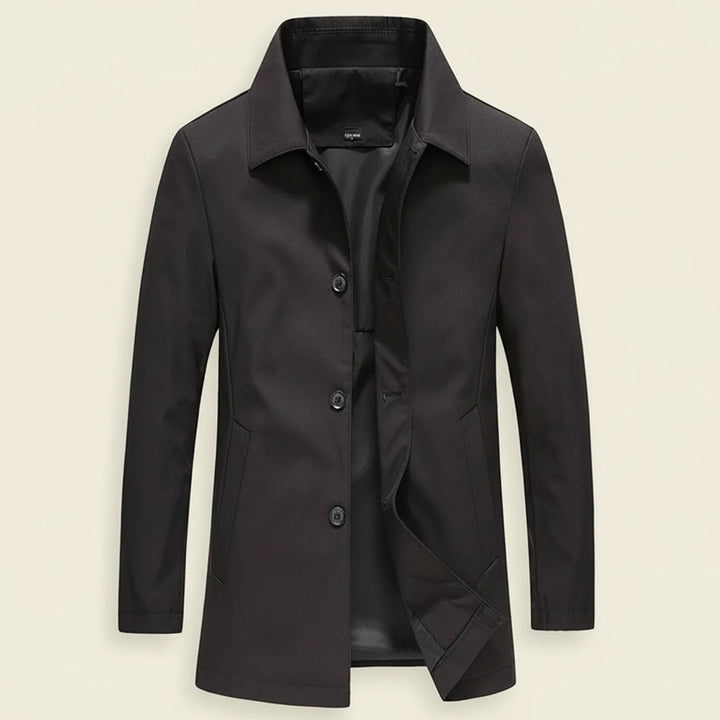 Trench cappotto uomo classico per autunno/primavera. Design con collo a punta e tasche, ideale per un look business.