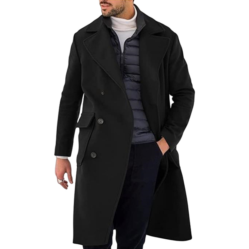 Trench lungo uomo elegante doppiopetto con revers dentellati. Cappotto invernale classico per stile formale/casual.