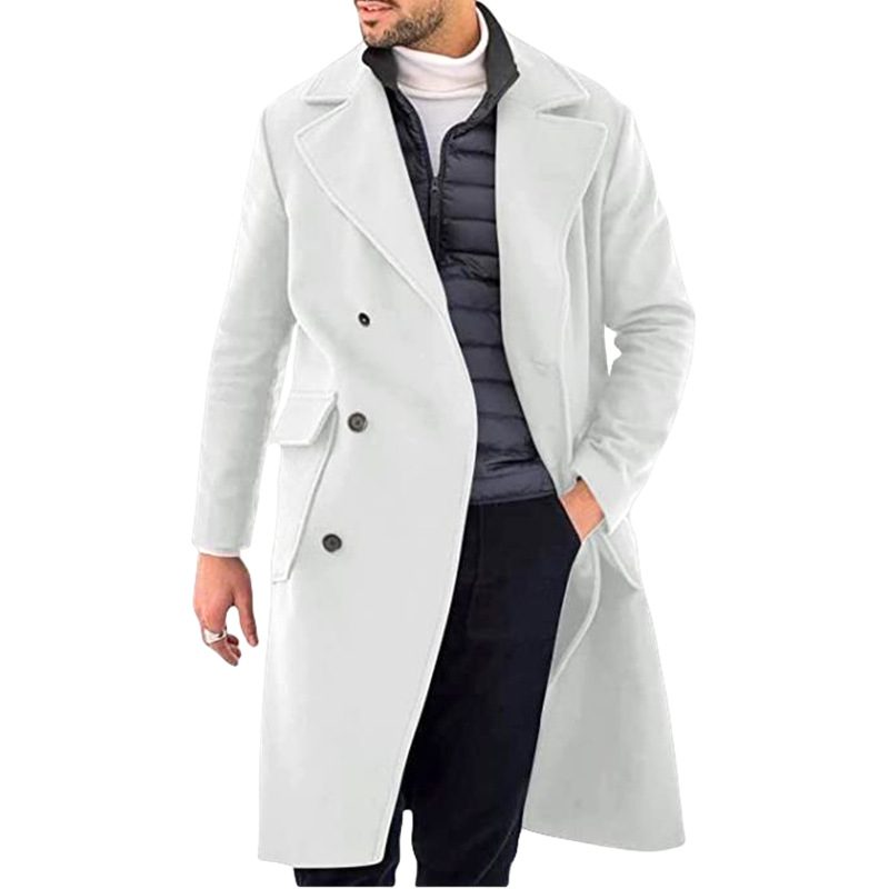 Soprabito uomo doppiopetto, trench lungo invernale con revers. Cappotto elegante maschile ideale per stile classico e formale.
