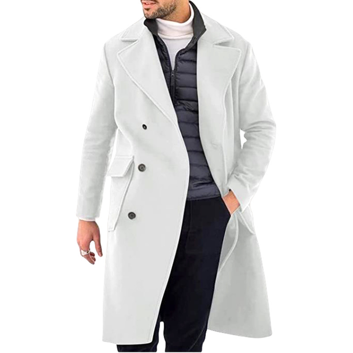 Soprabito uomo doppiopetto, trench lungo invernale con revers. Cappotto elegante maschile ideale per stile classico e formale.