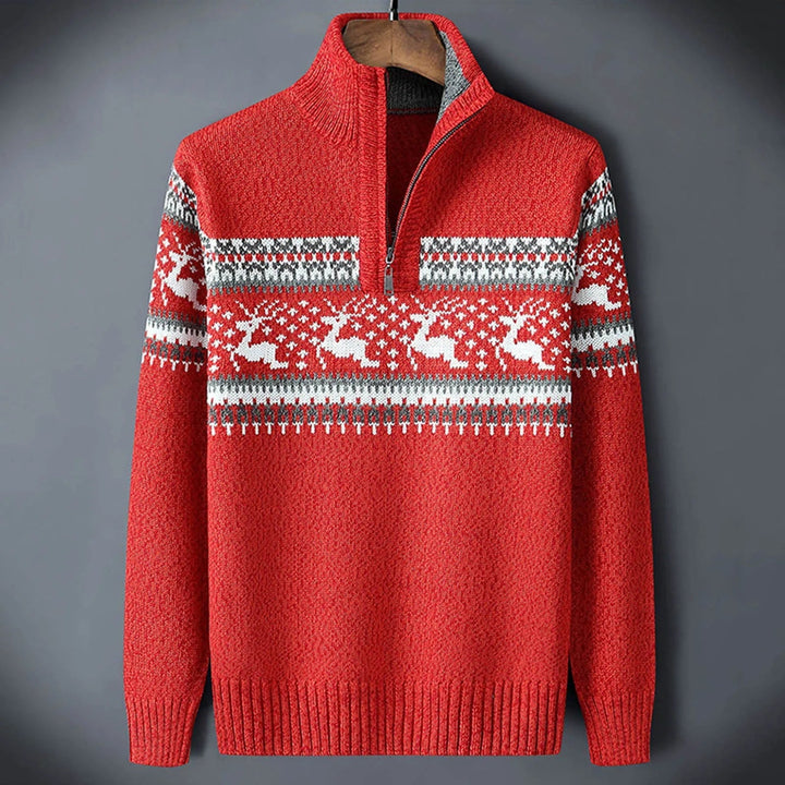 Maglione uomo festivo con renne e mezza zip, ideale per outfit natalizi invernali casual o eleganti.