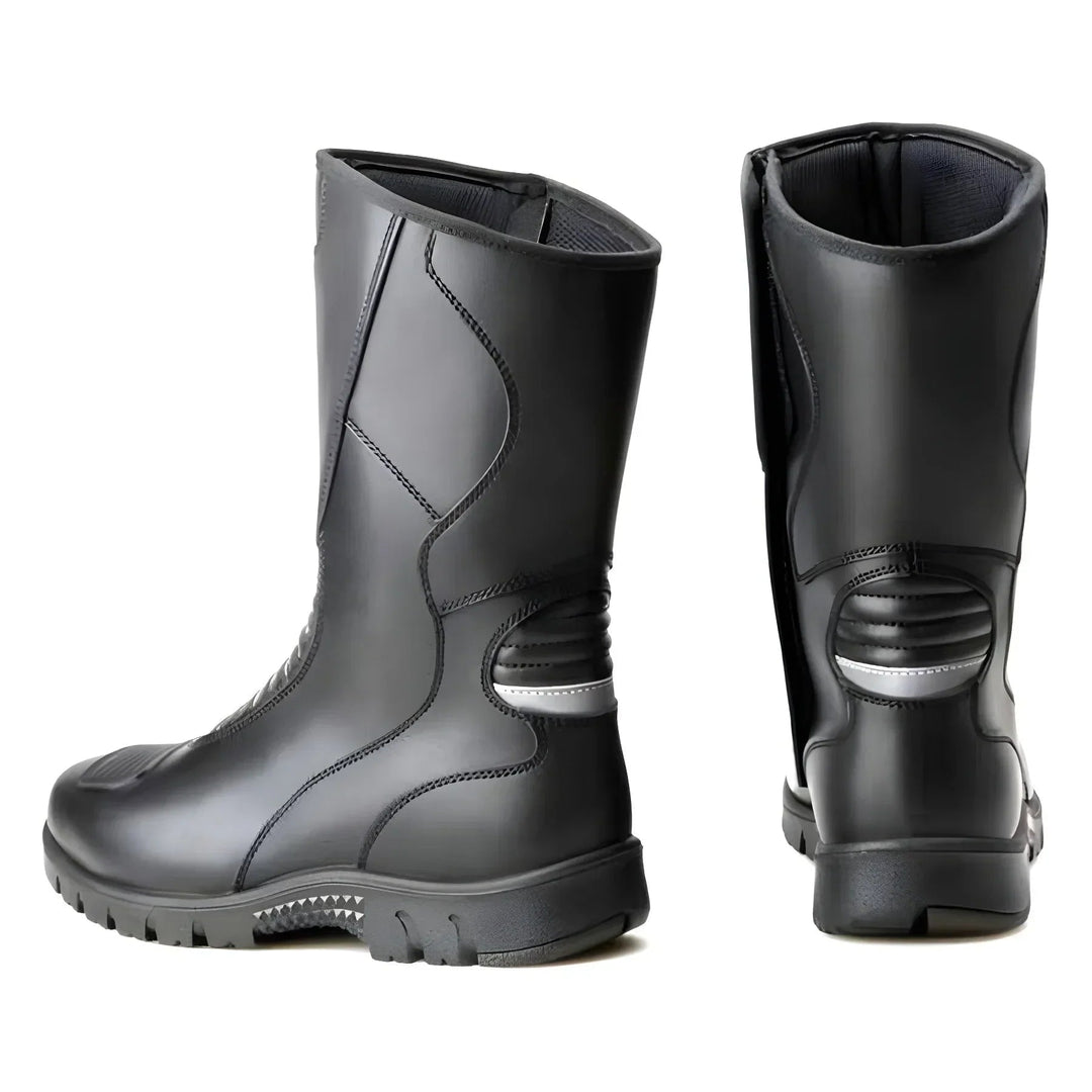 Stivali moto uomo touring impermeabili neri, perfetti per biker, offrono comfort e supporto caviglia protettivo.