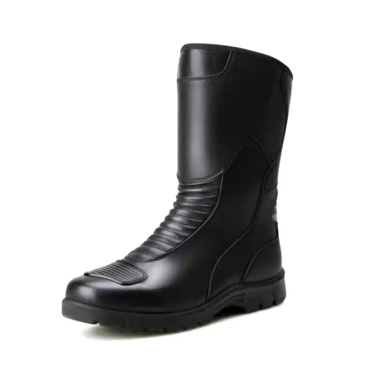 Stivali moto uomo neri per viaggio, impermeabili e resistenti, con supporto caviglia per protezione e comfort.