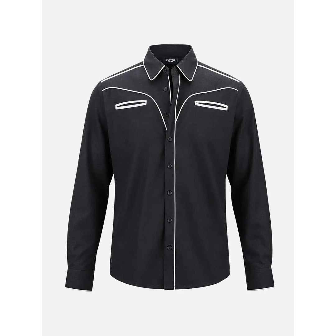 Camicia uomo western con piping a contrasto, colletto classico. Stile cowboy per look casual ed elegante.