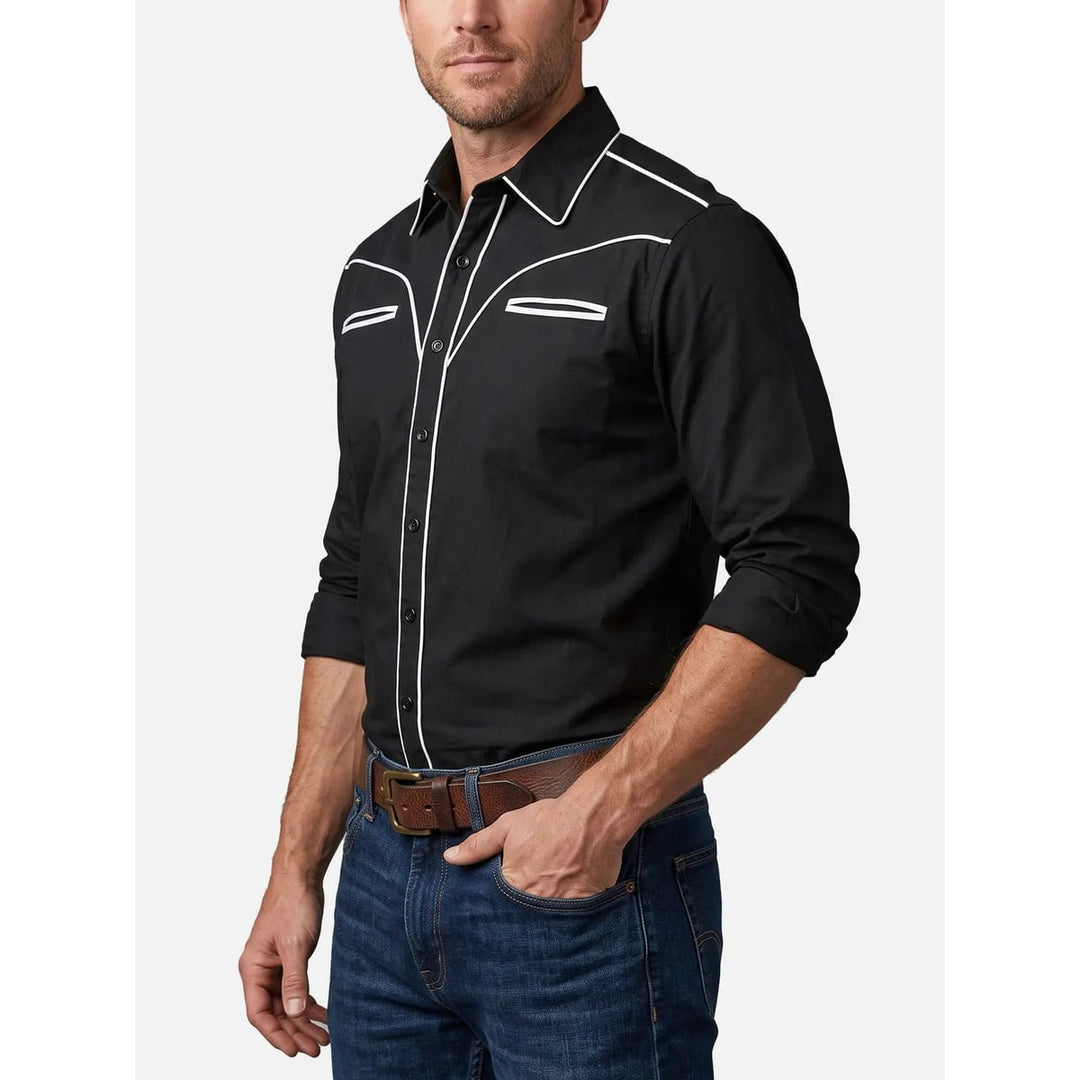 Elegante camicia uomo western, piping a contrasto e colletto classico. Ideale per outfit serale o eventi country.