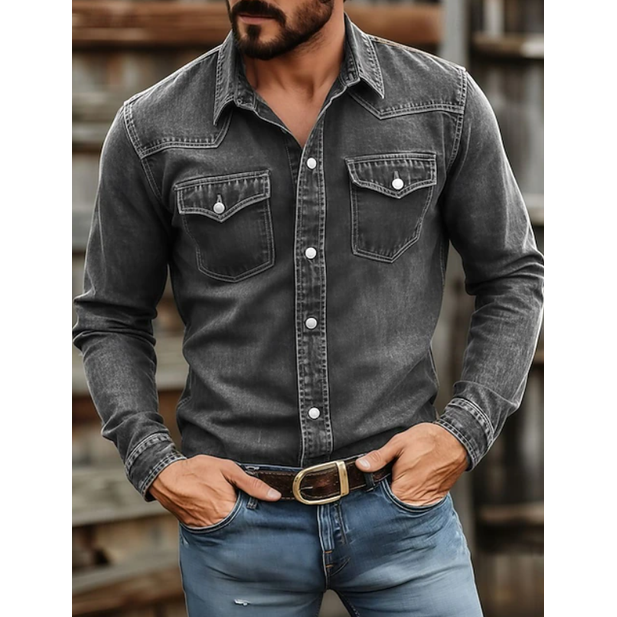 Versatile camicia western da uomo, maniche lunghe, ideale per outfit casual/eleganti primavera/autunno.