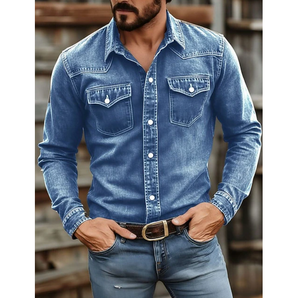 Dettaglio: camicia western uomo con bottoni a pressione, colletto appuntito e tasche sul petto.