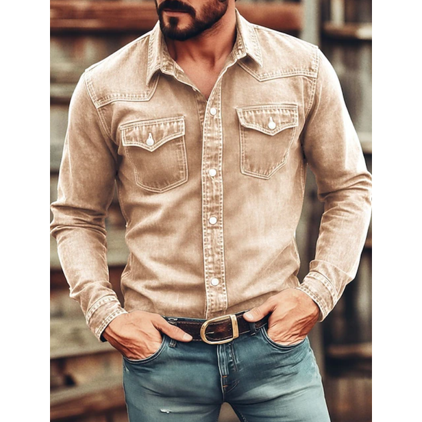 Camicia da uomo stile western, maniche lunghe, con tasche e colletto appuntito, per look quotidiani.