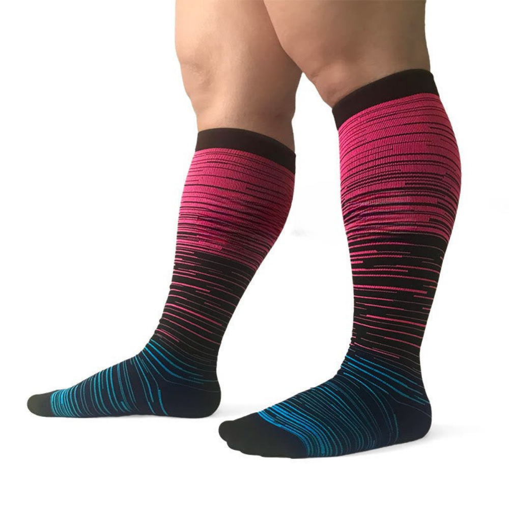 Calze a compressione graduata da uomo per polpaccio largo, supporto circolazione e salute gambe, taglie forti.