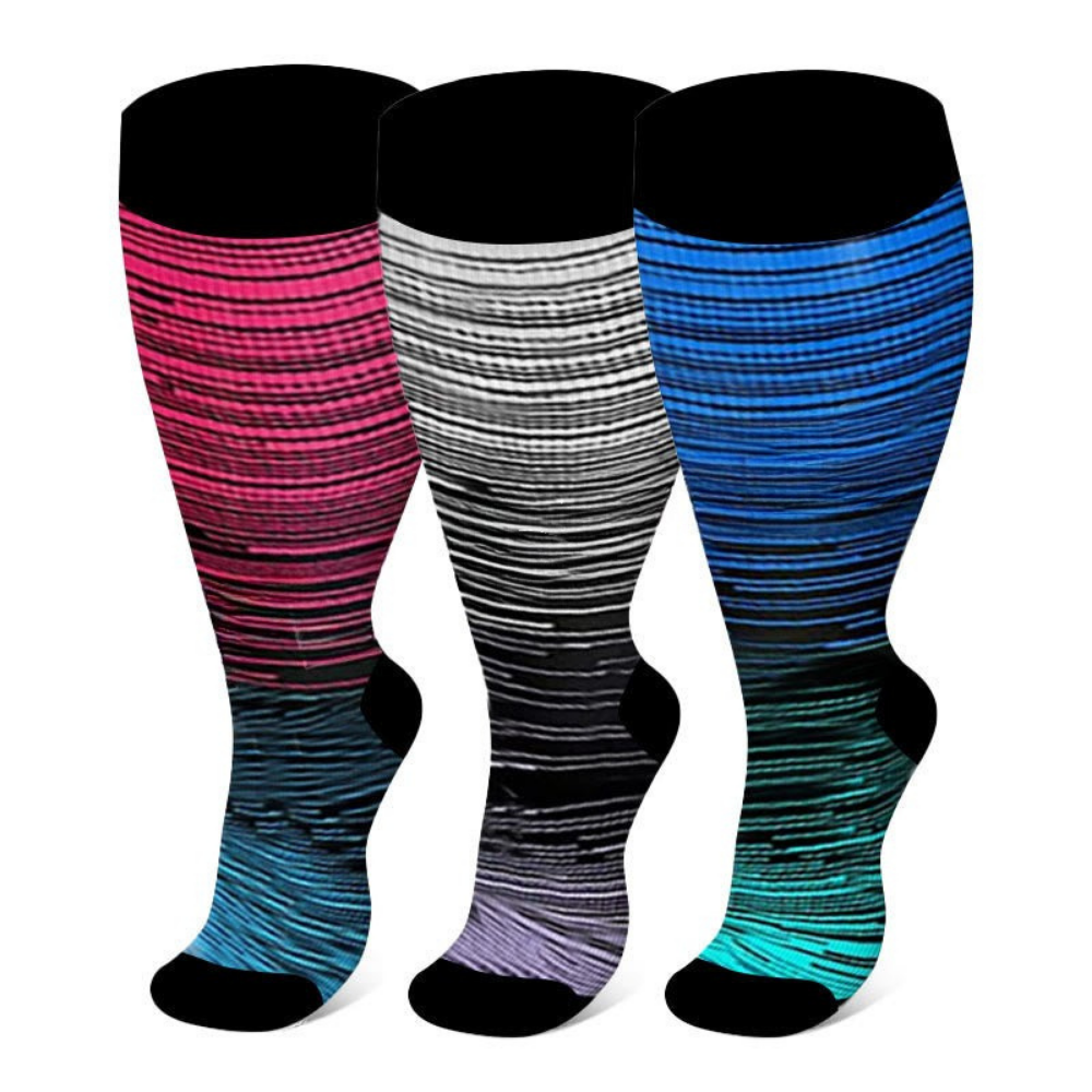 Calze a compressione uomo, design per polpaccio largo. Supporto graduato per circolazione e prevenzione gonfiore gambe.