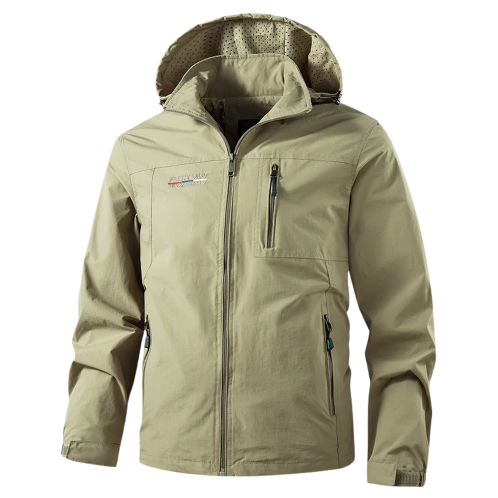 Giacca a vento uomo leggera con cappuccio, antivento, ideale per sport e casual. Tasche con zip per praticità.