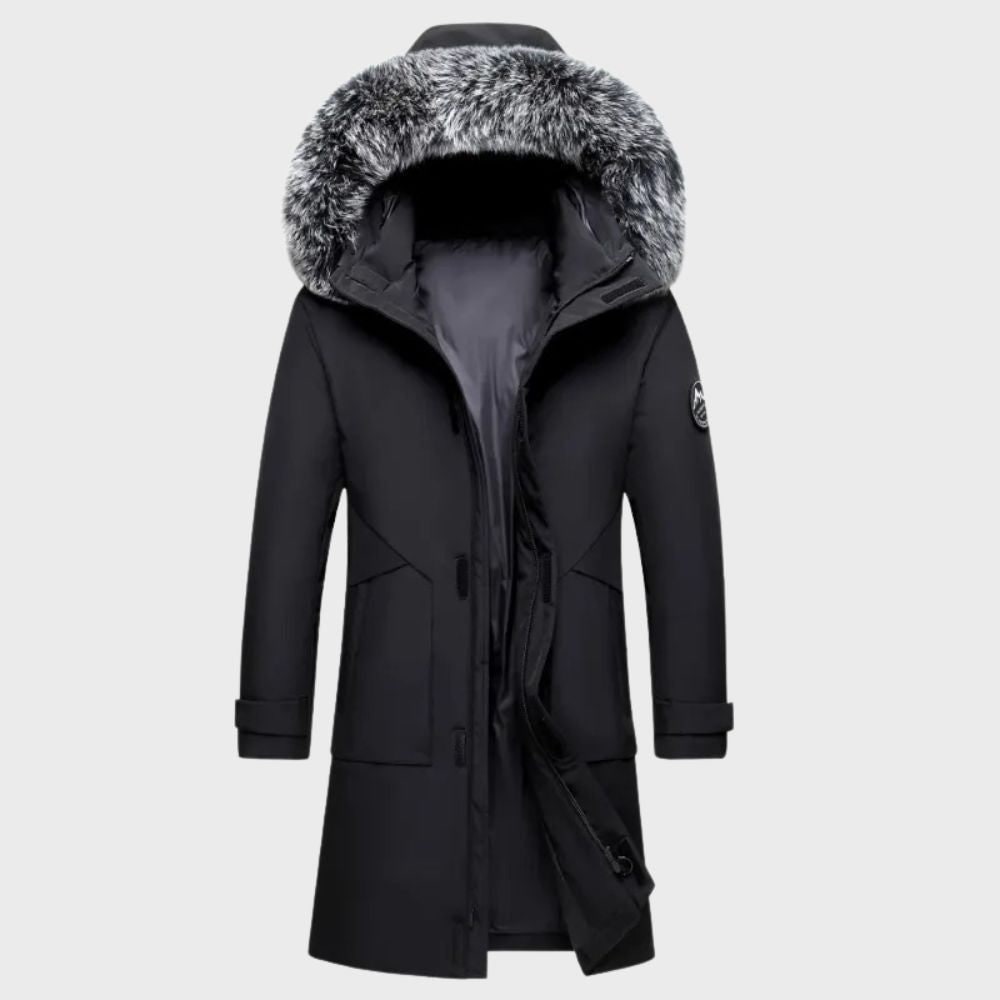 Giacca invernale uomo impermeabile e calda, perfetta per outdoor o look casual, con cappuccio in pelliccia sintetica.