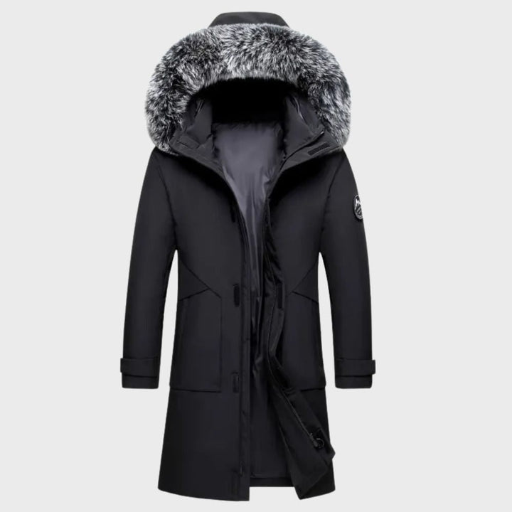 Giacca invernale uomo impermeabile e calda, perfetta per outdoor o look casual, con cappuccio in pelliccia sintetica.