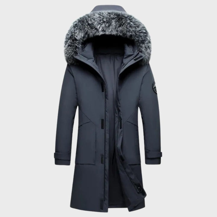 Cappotto parka uomo robusto, impermeabile e antivento, ideale per il freddo, con cappuccio foderato in pelliccia.