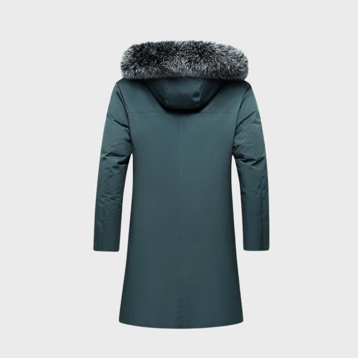 Elegante parka uomo invernale per moda casual, caldo e protettivo, con cappuccio staccabile in pelliccia sintetica.