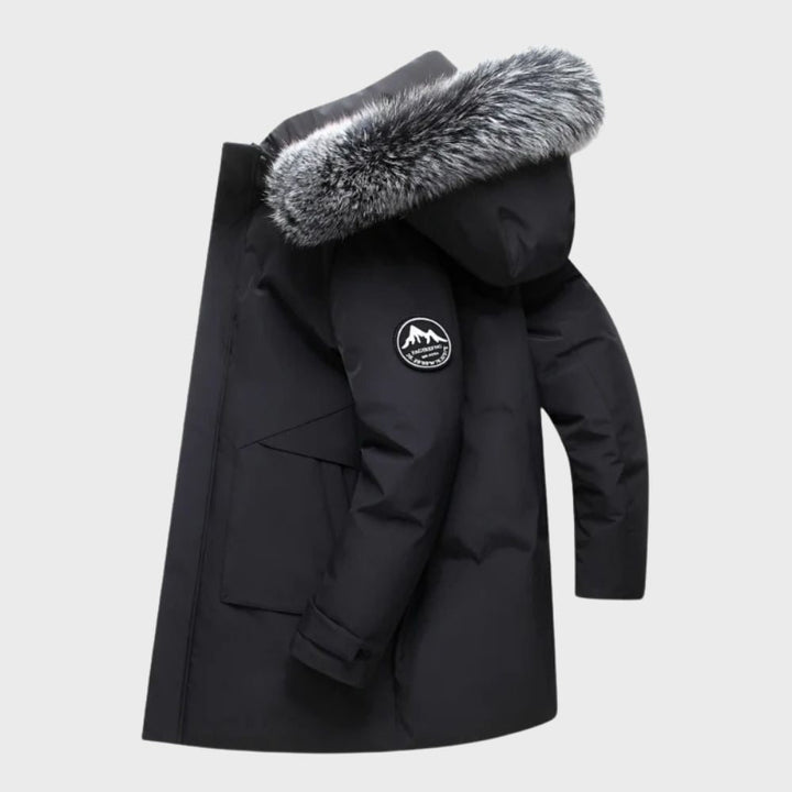 Parka uomo outdoor impermeabile, ideale per l'inverno. Giacca calda e antivento con cappuccio in eco-pelliccia.