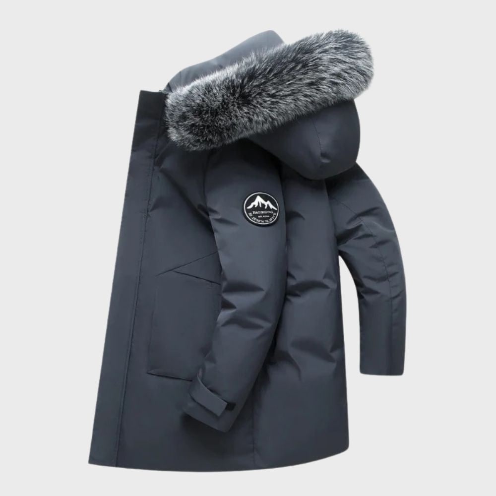 Parka maschile moderno, giacca invernale impermeabile e confortevole, con cappuccio in pelliccia sintetica, per il freddo.