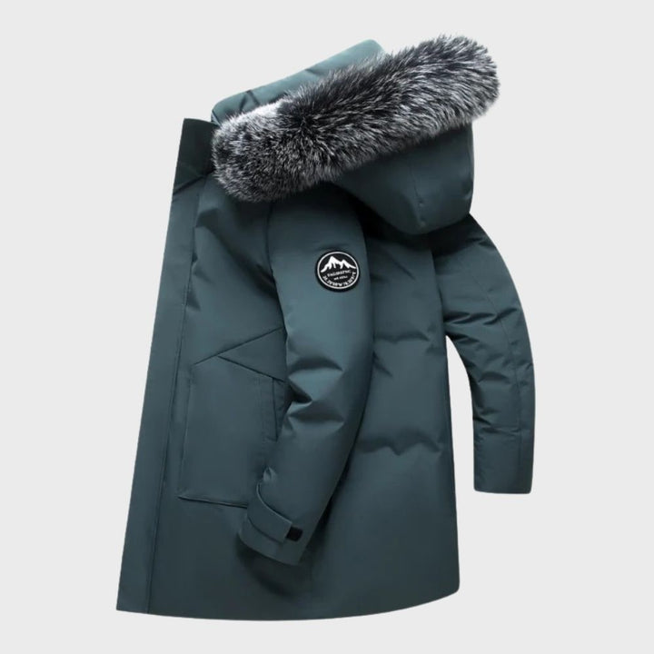 Giacca parka uomo robusta e calda, impermeabile e antivento, con cappuccio in pelliccia sintetica per protezione dal freddo.