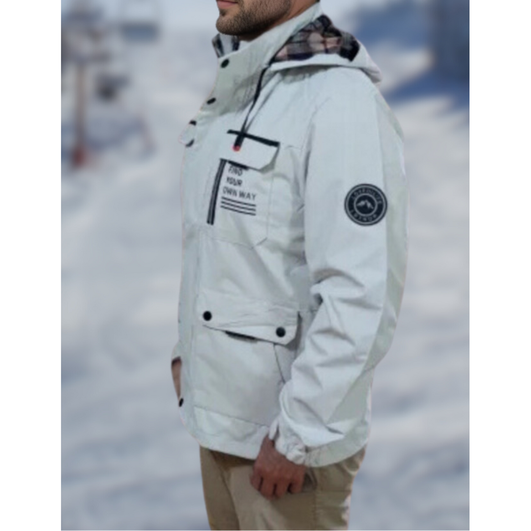 Dettaglio fodera a quadri della giacca invernale uomo, stile casual urbano e caldo.