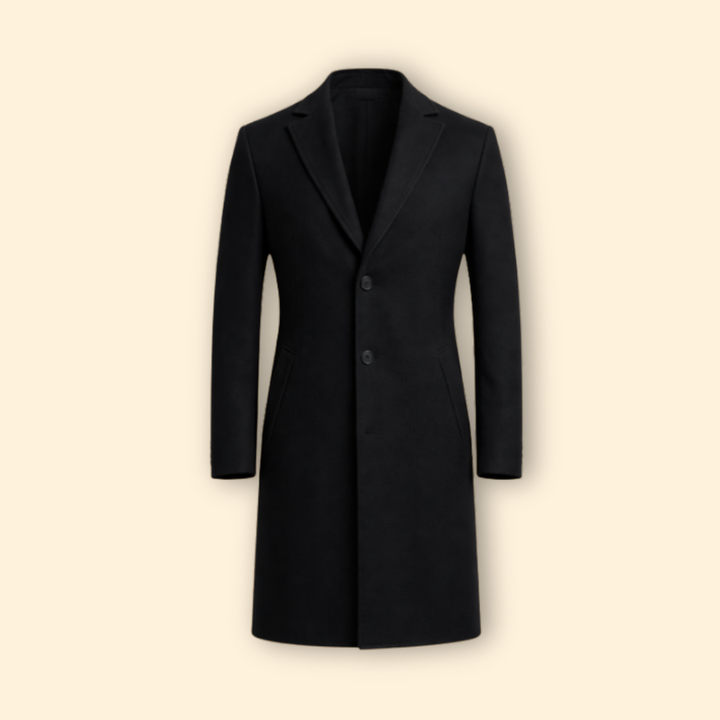 Cappotto lungo uomo elegante monopetto, rever intagliato. Perfetto per stile formale e ufficio.