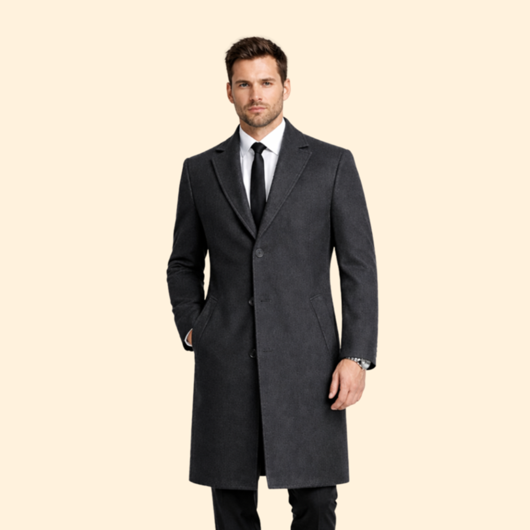 Cappotto lungo uomo, stile classico ed elegante. Perfetto come soprabito invernale formale o per ufficio.