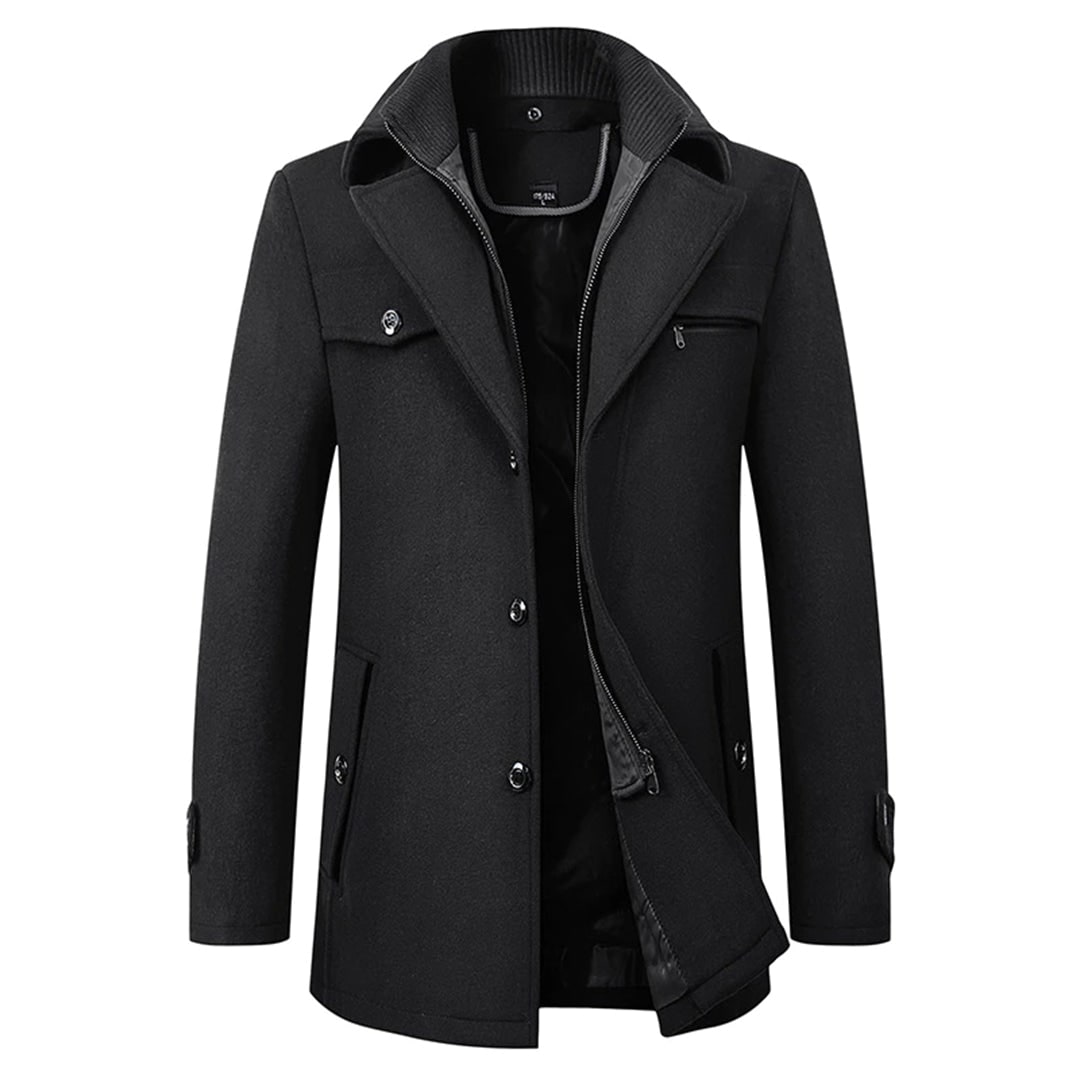 Soprabito elegante da uomo con revers a tacca e pettorina interna removibile. Perfetto per stile formale.