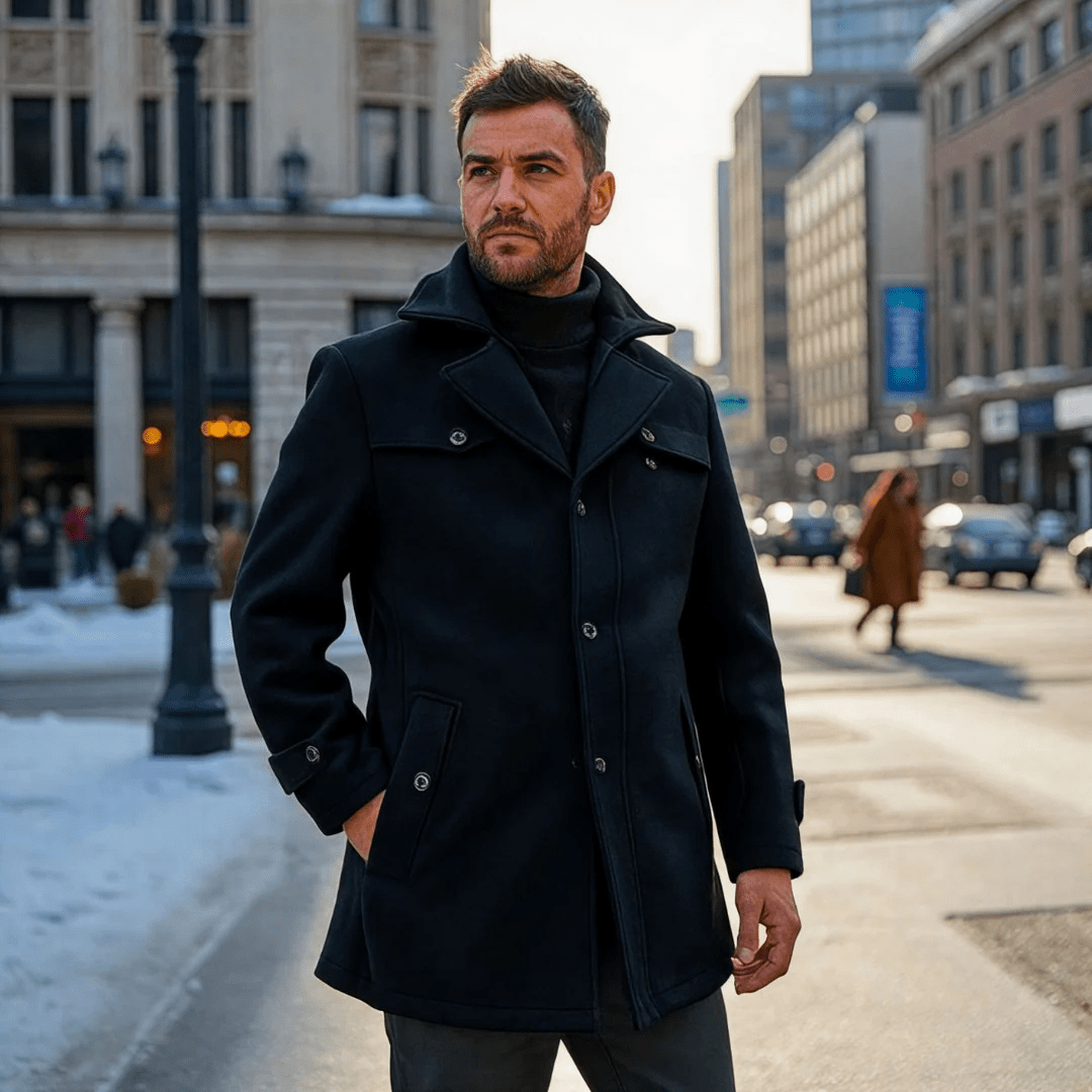 Cappotto trench uomo slim fit nero, colletto stratificato e zip. Eleganza maschile per l'ufficio.