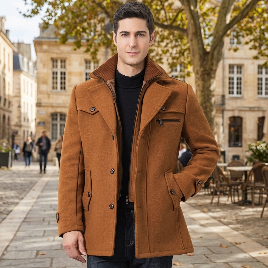 Design innovativo del trench uomo slim fit, con colletto stratificato e tasche con zip discrete.