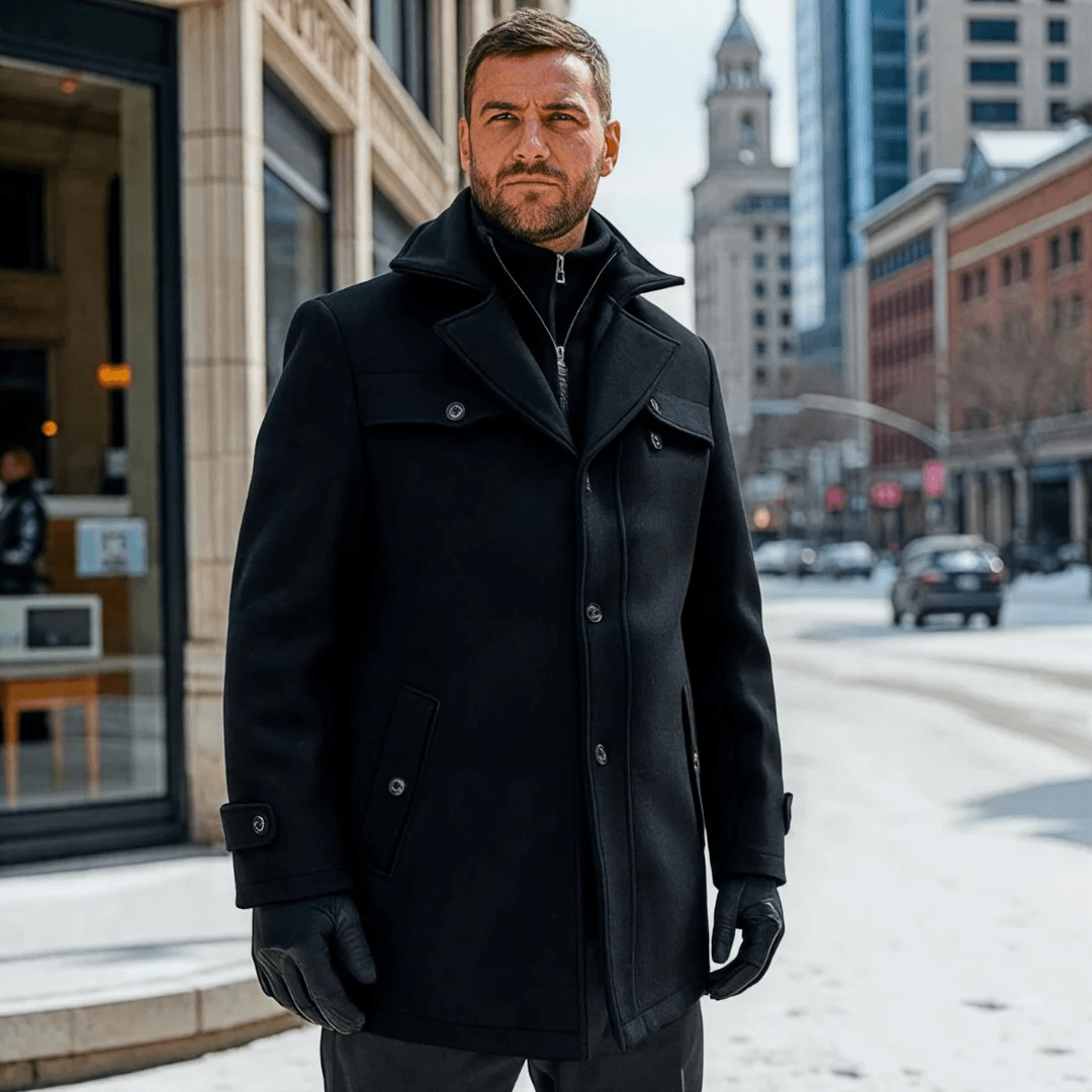 Trench uomo grigio, vestibilità slim, colletto stratificato e dettagli zip. Ideale per abbigliamento formale.