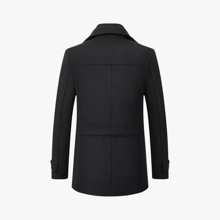 Trench uomo nero, vestibilità aderente, con zip e colletto rialzato. Ottimo per moda uomo.