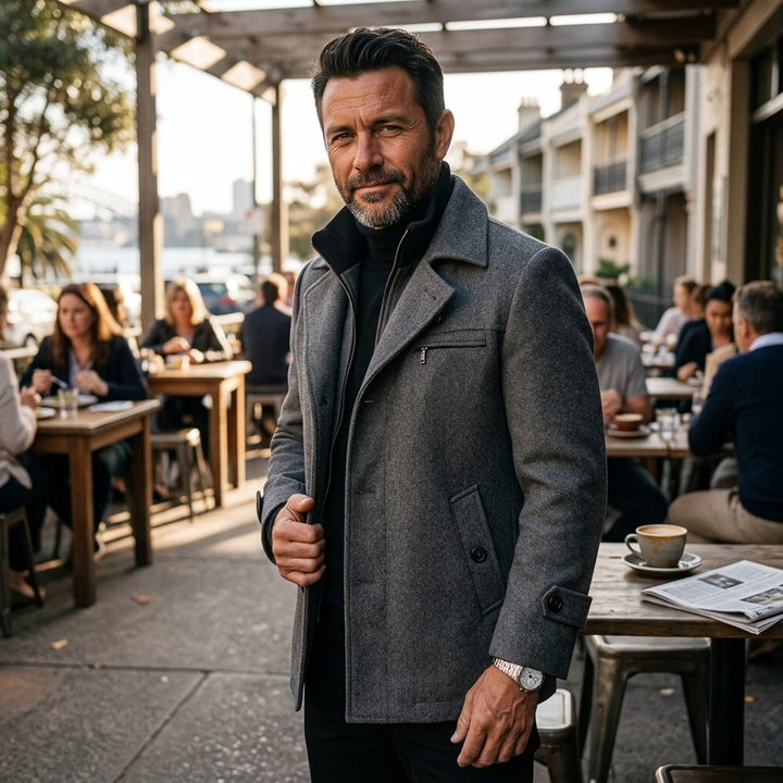 Tessuto e cuciture di qualità del trench uomo slim fit. Eleganza maschile e durata nel tempo.