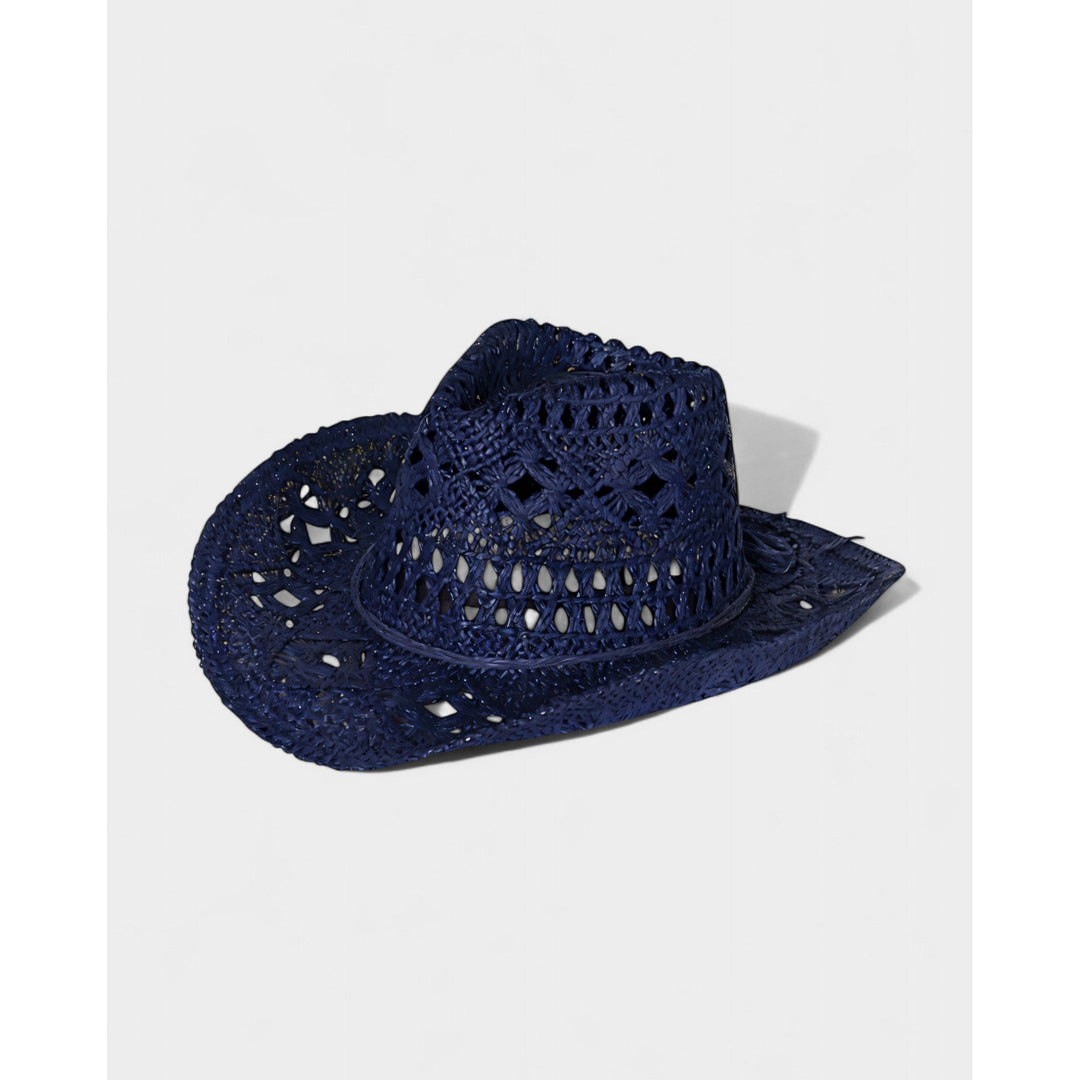 Cappello uomo da cowboy in paglia intrecciata a trama aperta, tesa larga per sole, stile western.