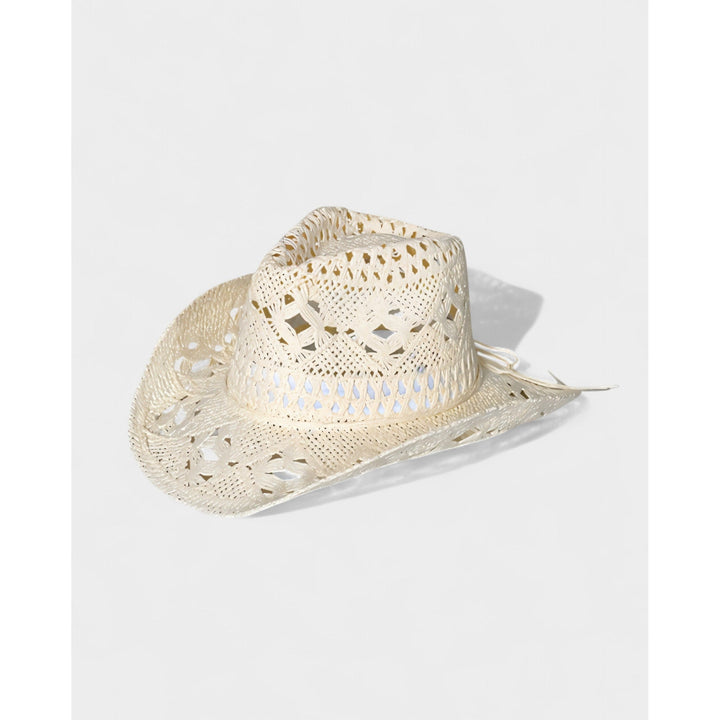 Cappello da cowboy estivo uomo, in paglia intrecciata chiara, con tesa larga e fascia decorativa.