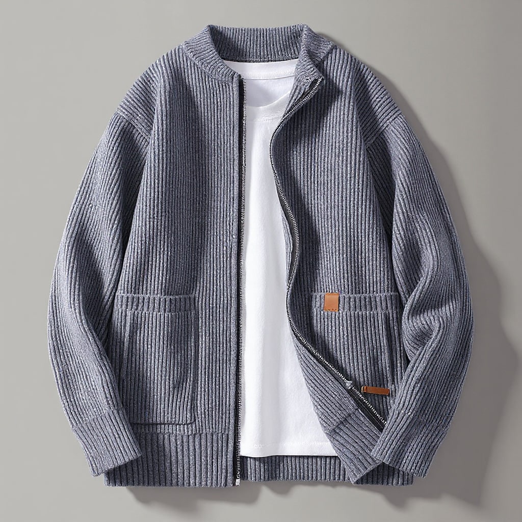 Cardigan uomo elegante con zip frontale, collo alto e tasche laterali, perfetto per look casual-chic autunno inverno.