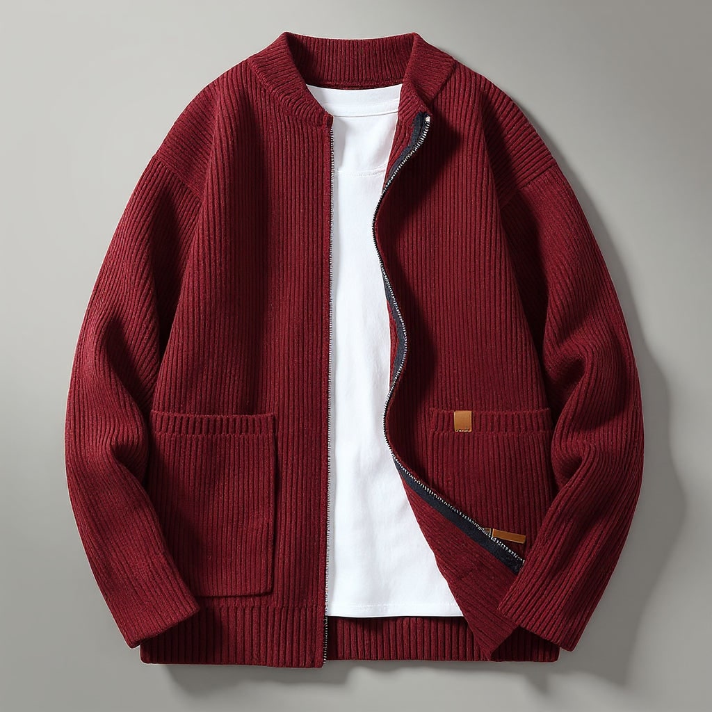 Primo piano di un cardigan uomo con zip frontale e tasche, perfetto per comfort e stile autunno inverno maschile.
