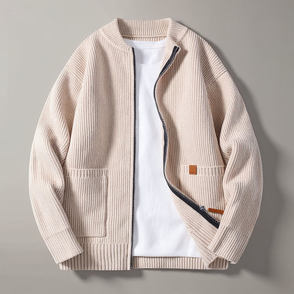 Cardigan uomo con zip, tasche e maglia a coste, offre comfort e stile versatile per la moda maschile autunno inverno.