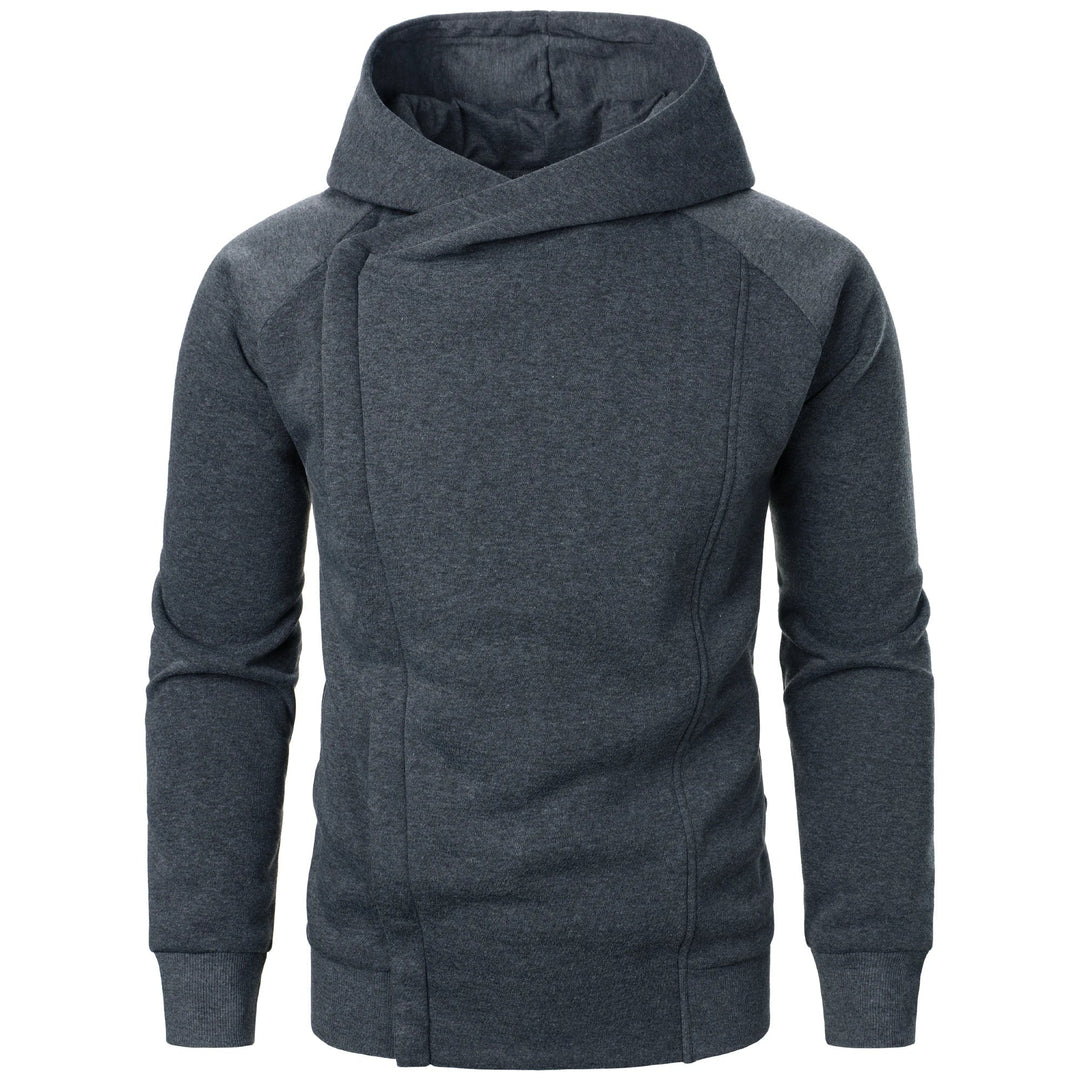 Felpa uomo con cappuccio, cerniera asimmetrica e maniche raglan. Stile moderno e abbigliamento casual.