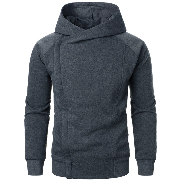 Felpa uomo con cappuccio, cerniera asimmetrica e maniche raglan. Stile moderno e abbigliamento casual.