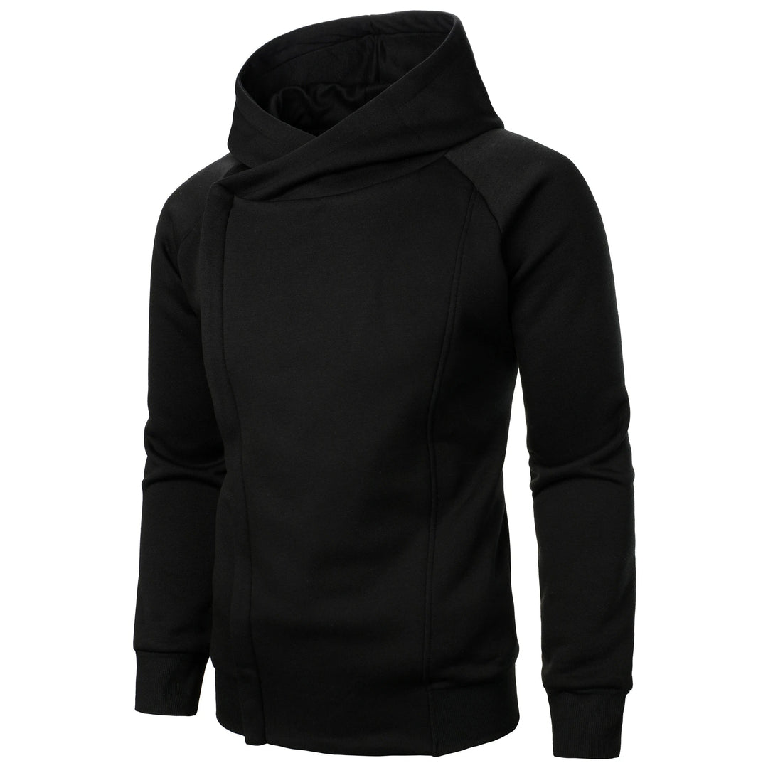 Felpa uomo nera con cappuccio, cerniera asimmetrica e maniche raglan. Comoda e di tendenza streetwear.