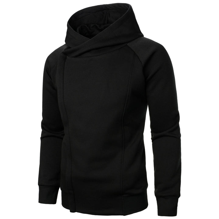 Felpa uomo nera con cappuccio, cerniera asimmetrica e maniche raglan. Comoda e di tendenza streetwear.