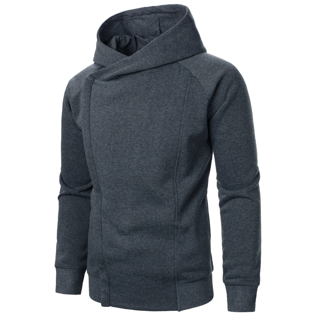 Felpa grigia uomo asimmetrica con cappuccio e zip diagonale, maniche raglan. Ideale per streetwear.
