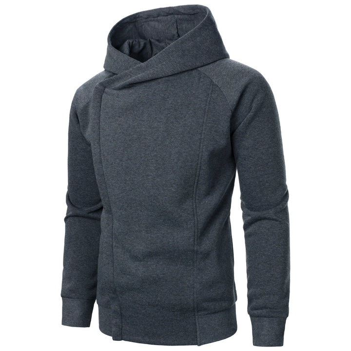 Felpa grigia uomo asimmetrica con cappuccio e zip diagonale, maniche raglan. Ideale per streetwear.