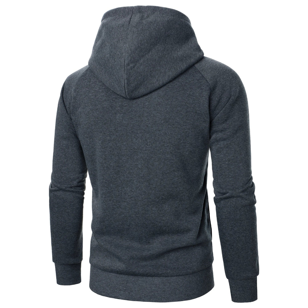 Felpa blu uomo con cappuccio, cerniera asimmetrica e maniche raglan. Perfetta per un look casual moderno.