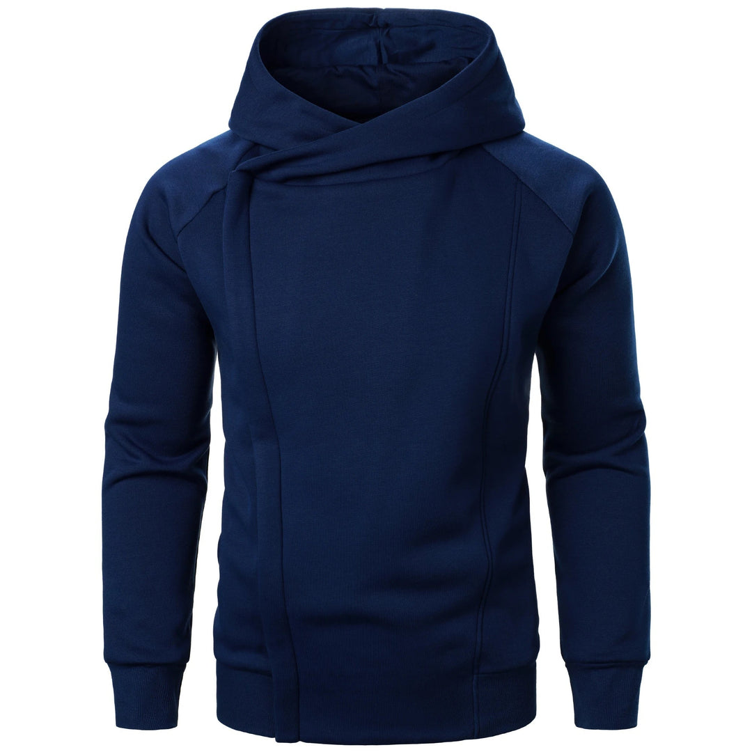 Felpa blu scuro uomo, cappuccio, cerniera asimmetrica e maniche raglan. Perfetta per abbigliamento casual.