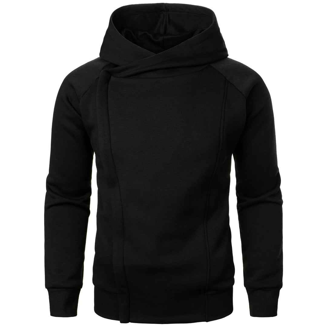 Felpa blu con cappuccio uomo, cerniera asimmetrica e maniche raglan. Essential per la moda maschile casual.