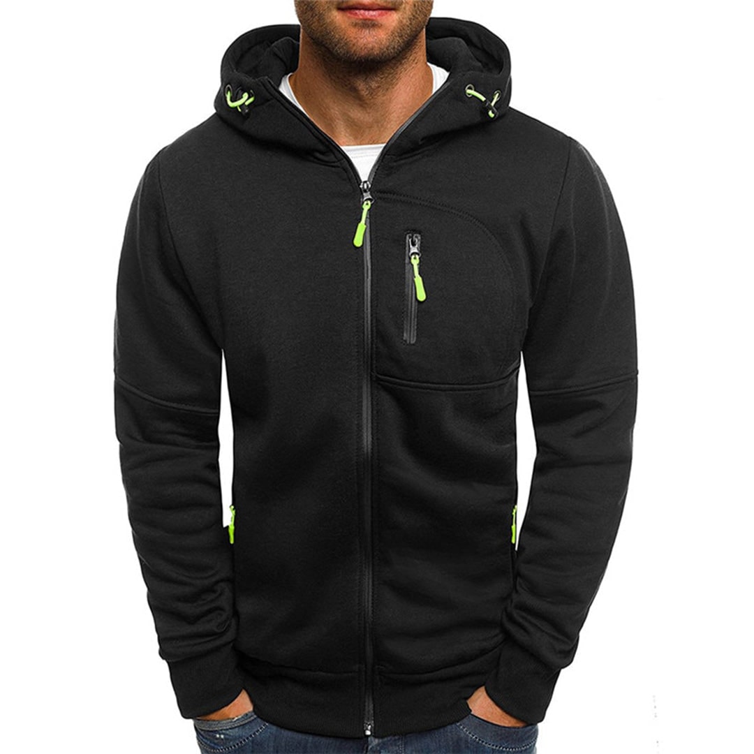 Felpa da uomo con cappuccio, cerniera e tasche zip. Ideale per comfort casual e moda sportiva quotidiana.